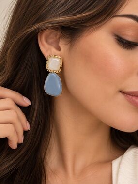 Blue Drop Statement Earrings | Gold Tone & Faux Pearl Accent Earrings